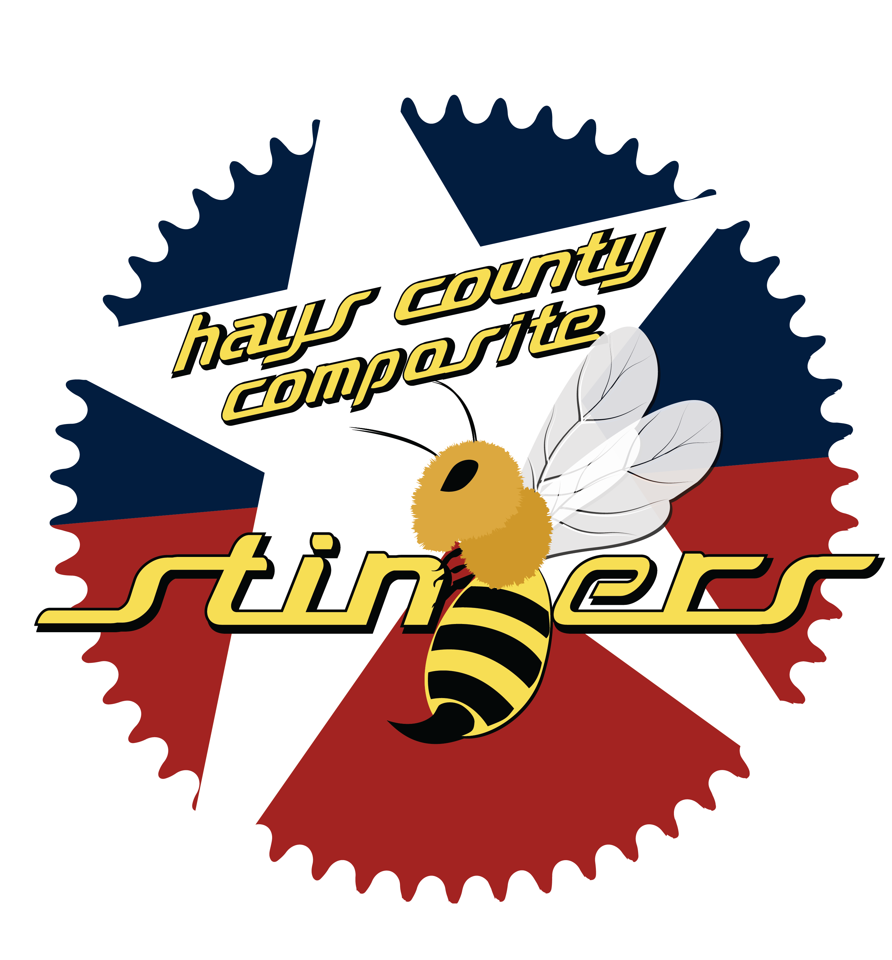 Hays County Composite Stingers logo, a bee over a Texas-flag chainring