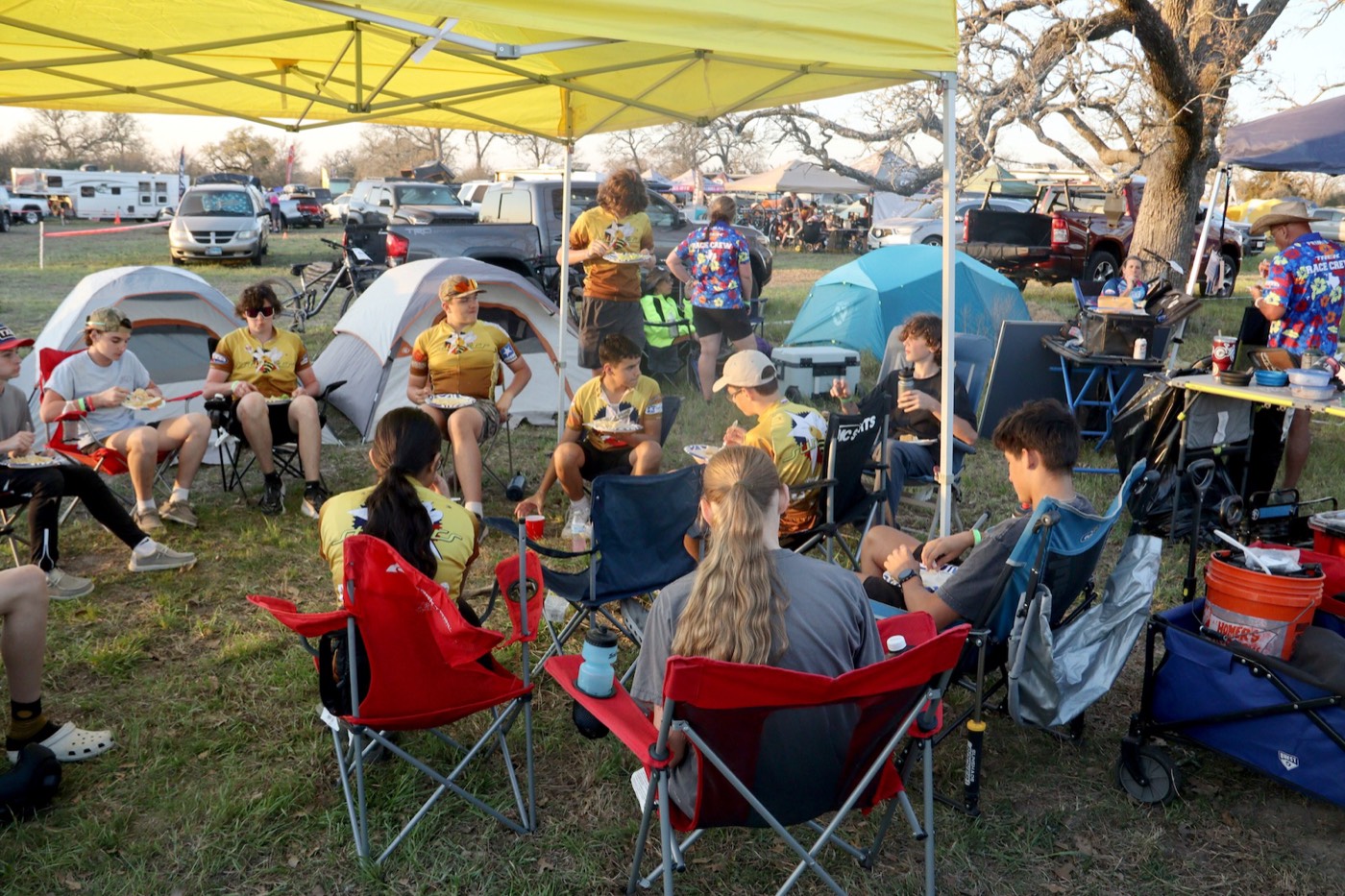 Stingers riders relaxing at their team camp during a race weekend